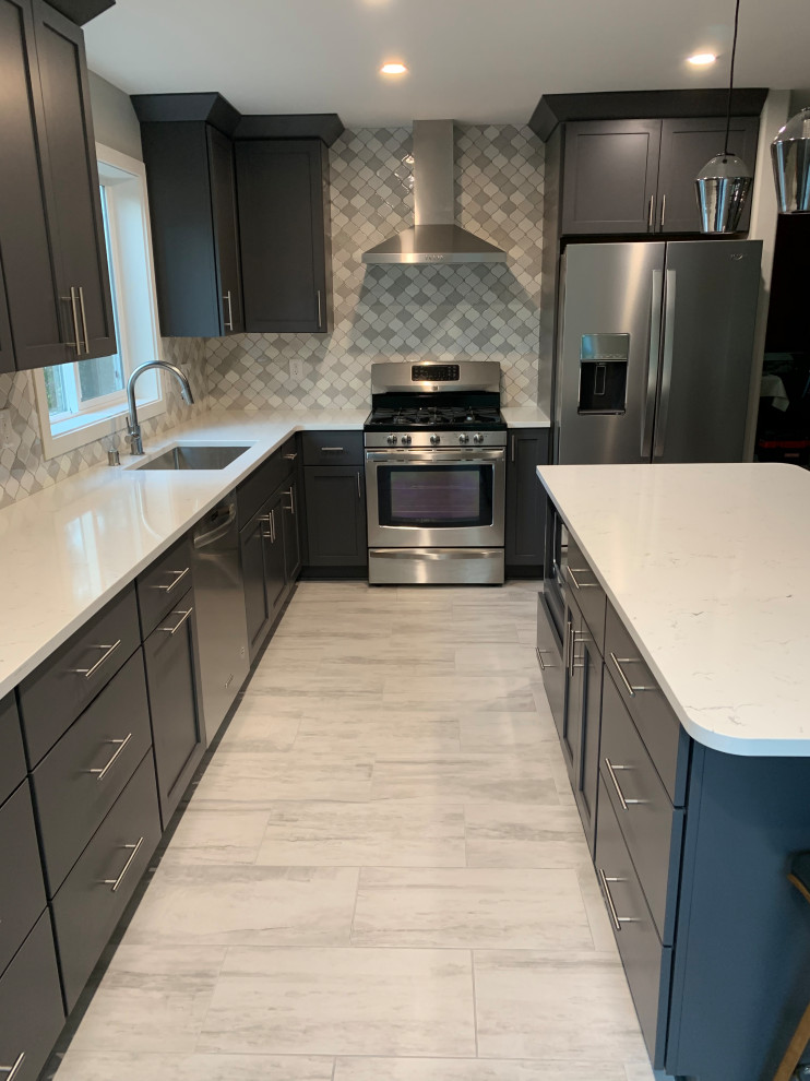 Snohomish County kitchen looking down galley to range wall and second island